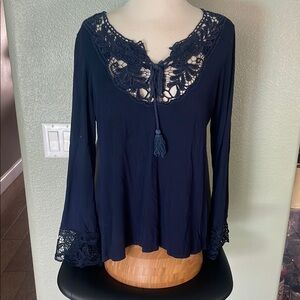 Blue Long Sleeve Tie Front Blouse with Embellished Lace